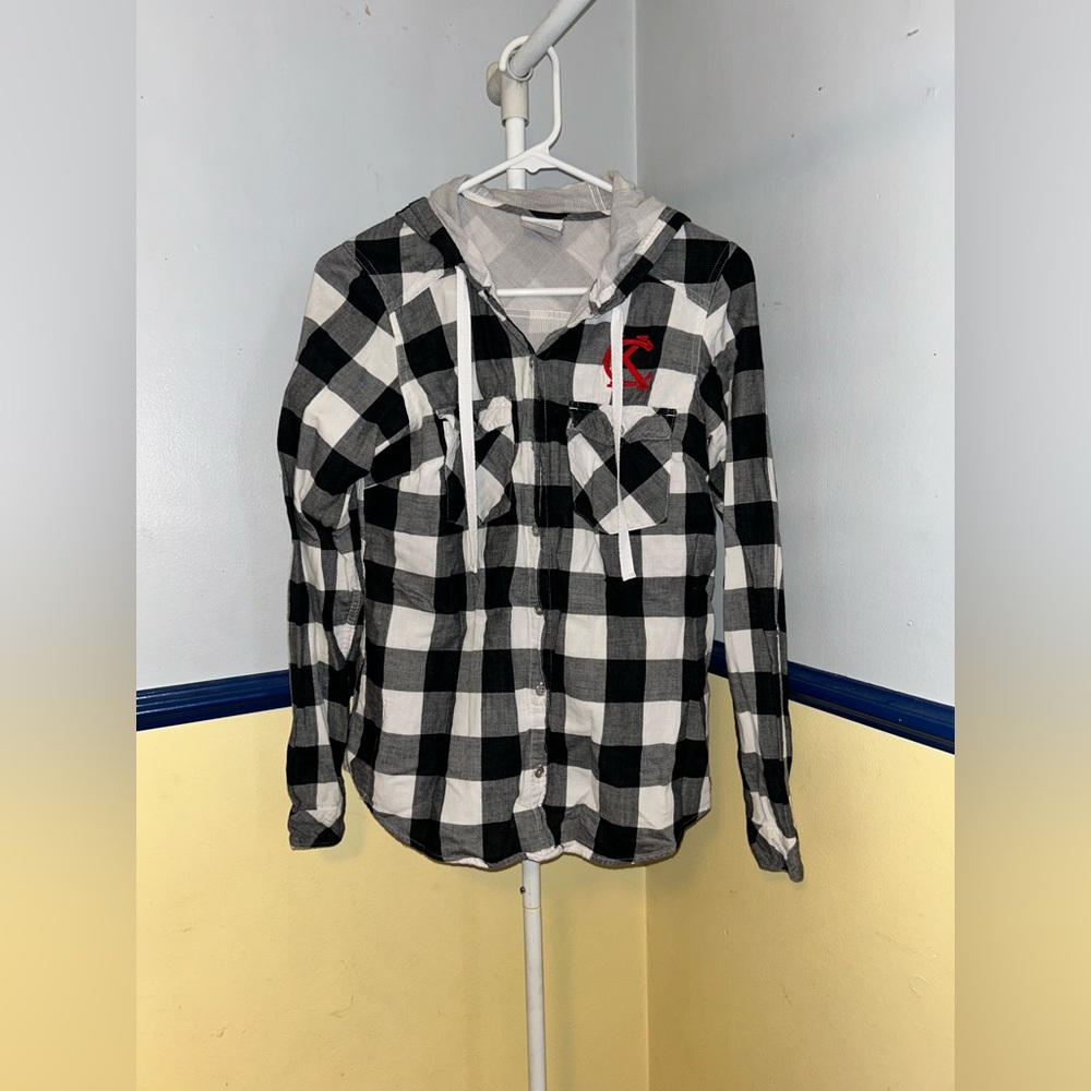 Colombia Unisex Small Black White Hooded Button Up Plaid Kansas City KC Shirt